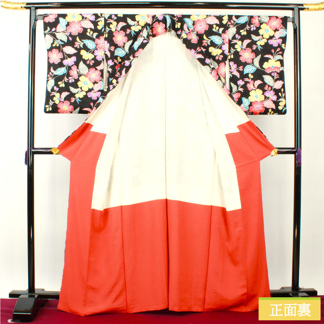 Komon, pure silk, length 165.5cm, sleeve length 67cm, lined, tie-dye, floral pattern, S rank, black, 1115004472510