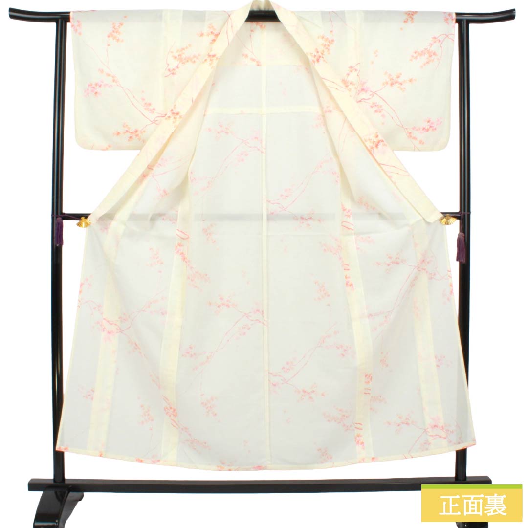 夏物 ポリエステル 小紋 Aランク 身丈154cm 裄丈62.5cm 乳白色（にゅうはくしょく） 紅葉 洗える着物 絽 クリーム系 1132005343215