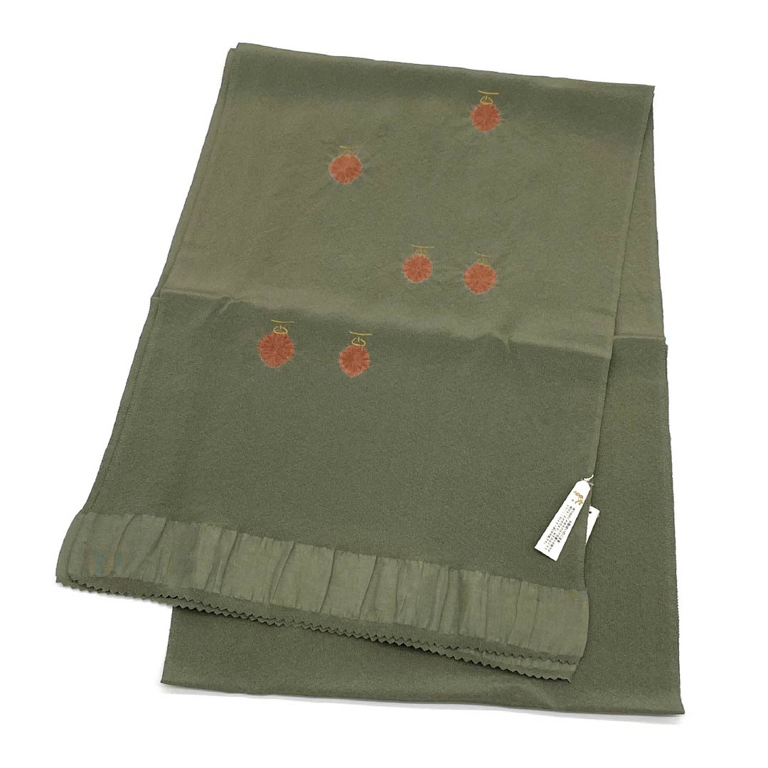Obiage, pure silk, rank S, semi-formal, Rikancha (brownish-green) with abstract pattern, partial shibori, length approx. 168cm, width approx. 28.5cm, green tones, 1136002752919