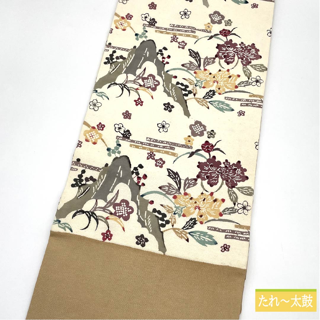 名古屋帯 胡桃色（くるみいろ） 山 抽象牡丹 梅 帯丈368cm 正絹 Sランク 六通 カジュアル ベージュ系 1124006452325 名古屋仕立て