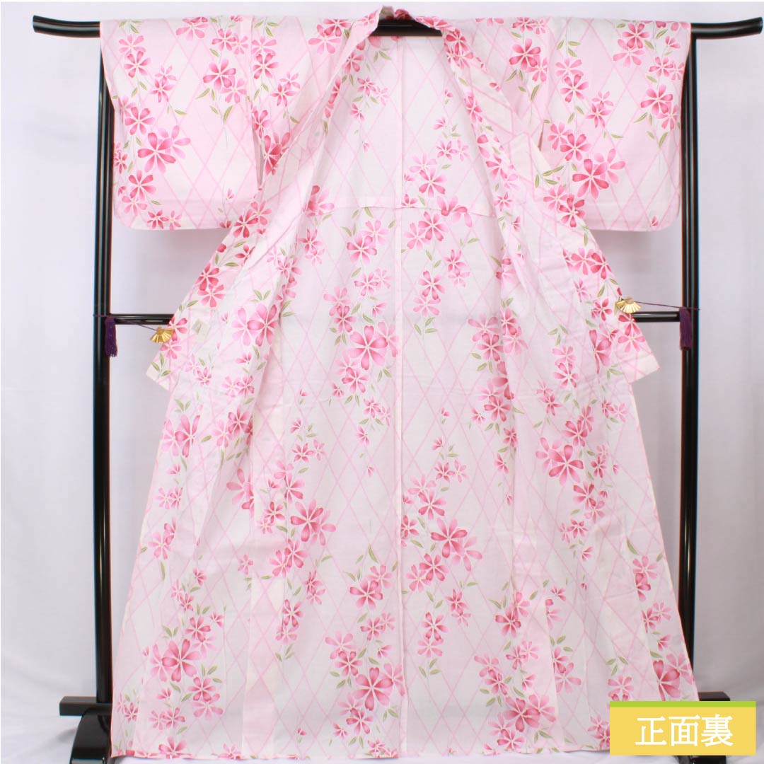 Cotton Yukata, Length 168.5cm, Sleeve Length 66cm, S Rank, Single Layer, Pink, Faded Red (Arasomeiro), Kagome Flower Pattern, 1118006322513