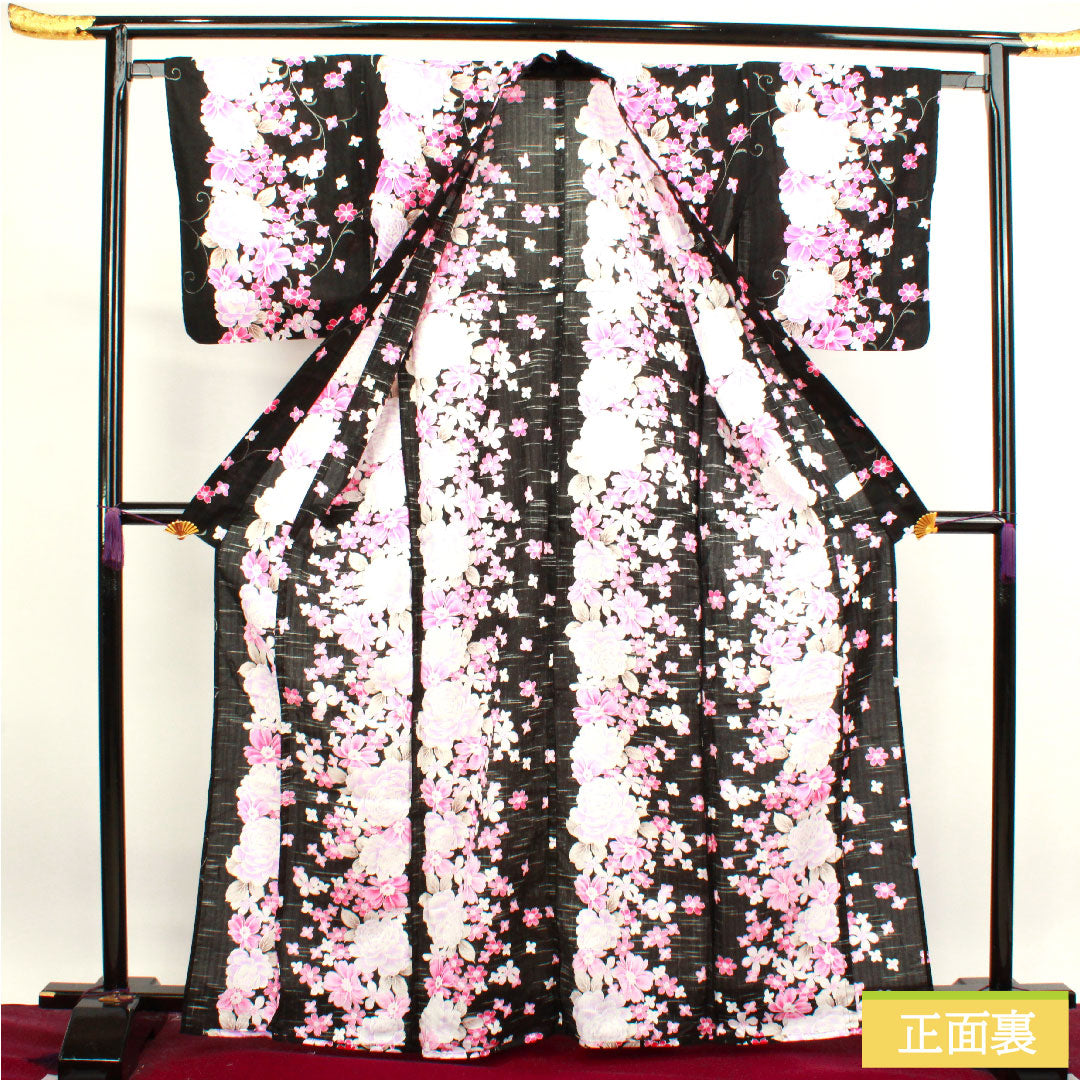 Yukata Cotton Length 165.5cm Sleeve length 64.5cm S rank Single layer Black Rose Cherry blossom 1118004512510