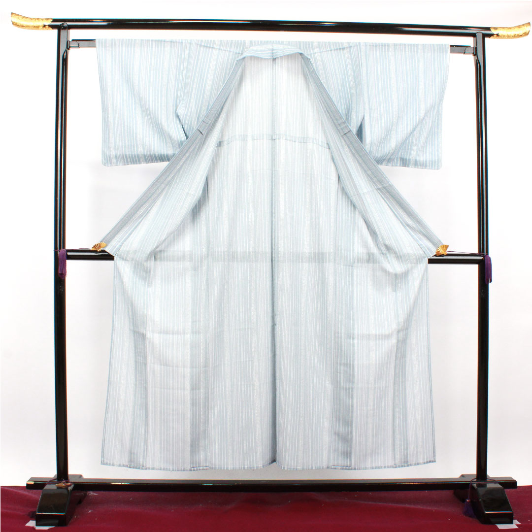 夏物 正絹 小紋 身丈153cm 裄丈62cm 白群色（びゃくぐんいろ） 幾何学模様 絽 Sランク 青系 1132001372217