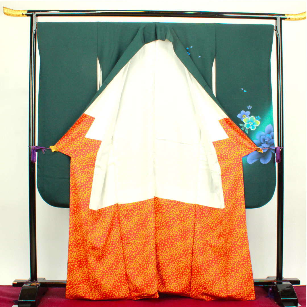 振袖 身丈165cm 裄丈70cm 袷  鉄色 京友禅 花模様  正絹 Aランク 緑系 1113001563519