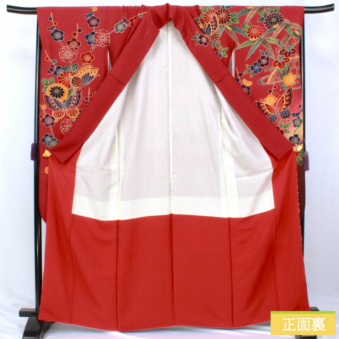 Silk Furisode, Rank A, Length 164cm, Sleeve-to-sleeve 69cm, Lined, Deep Crimson, Kyo-Yuzen, Auspicious Patterns, Red Tones, 1113002963412