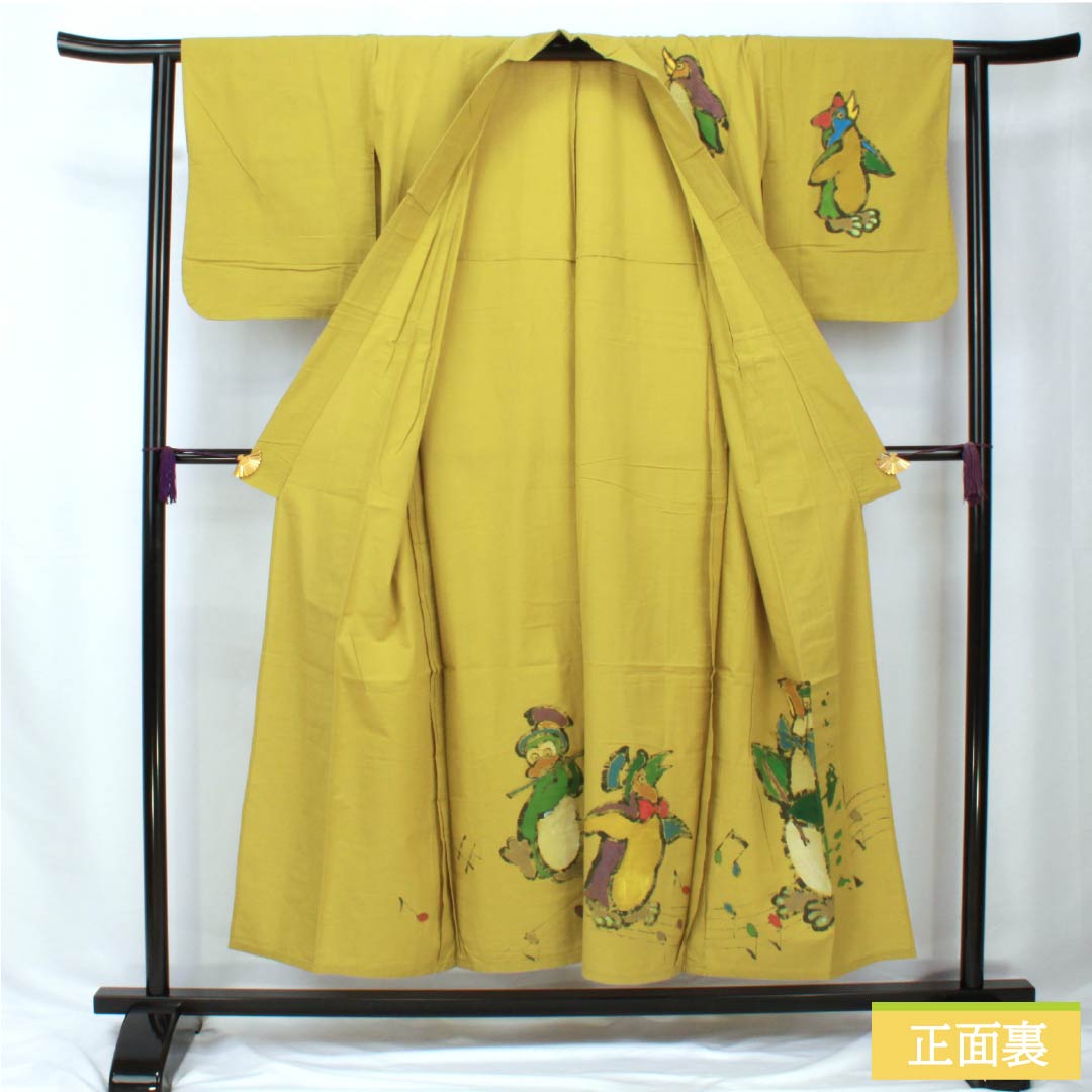 浴衣 木綿 身丈153cm 裄丈62.5cm Aランク 単衣 黄系 浅黄色（あさききいろ） ペンギン 1118005783223