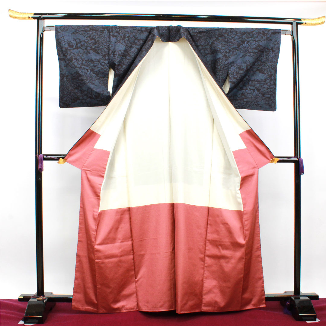 結城紬 身丈164.5cm 裄丈64.5cm 重要無形文化財 本場結城 100亀甲 正絹 Aランク 袷 紺系 1116002853418