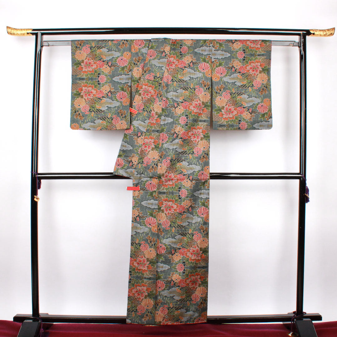 大島紬 身丈156.5cm 裄丈64.5cm 経緯絣 草花模様 正絹 Aランク 袷 緑系 1116001853319