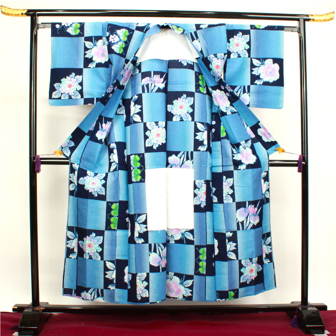 浴衣 市松 紫陽花 葡萄 木綿 Sランク 単衣 身丈153cm 裄丈65cm グラデーション系 1118003052299