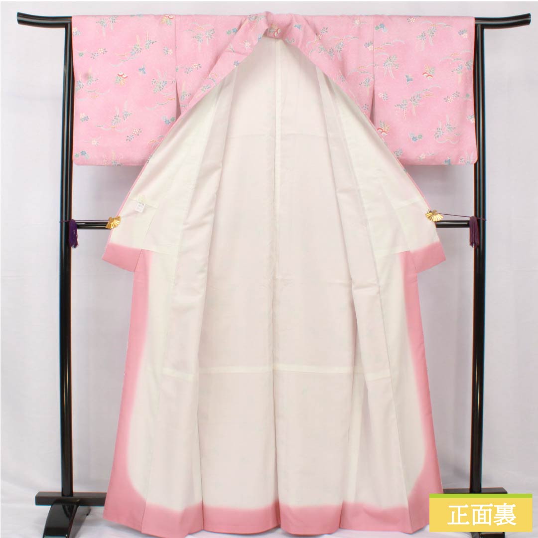 小紋 ポリエステル 身丈165cm 裄丈64cm 袷 一斤染色（いっこんぞめいろ） 洗える着物 草花 Sランク ピンク系 1115005182513