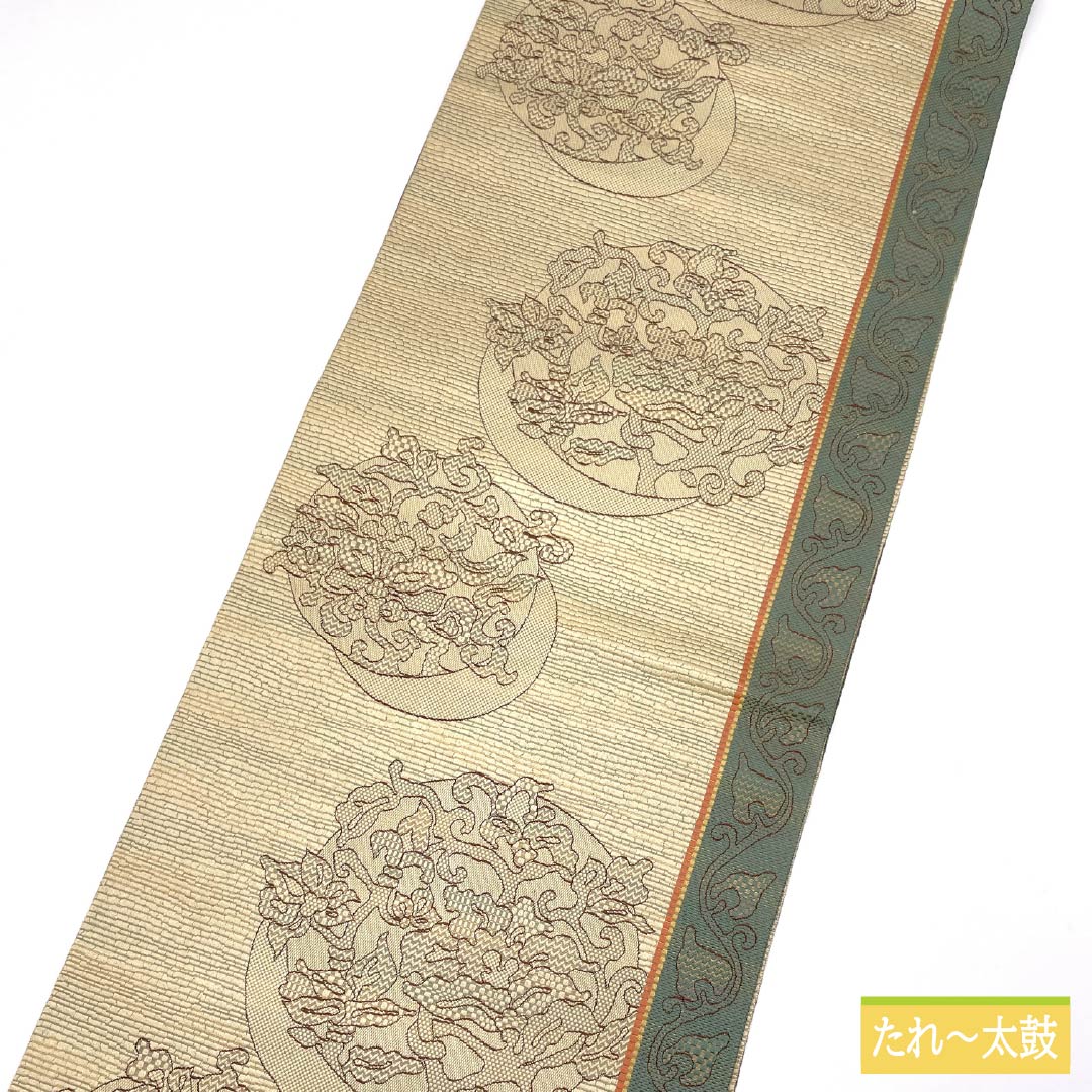 Nagoya obi, Tokyo white-brown, abstract floral pattern, obi length 350cm, pure silk, S rank, six-pass, casual, beige, 1124008012325, Nagoya-made