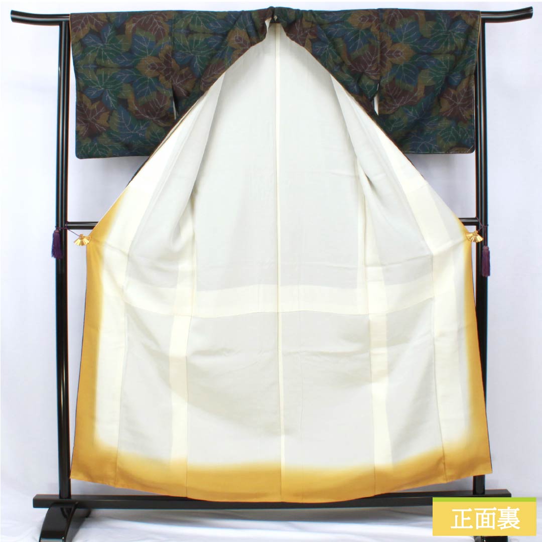 紬 正絹 Aランク 身丈157cm 裄丈60.5cm 檳榔子黒色（びんろうじぐろいろ） 葉 しつけ糸付き 袷 黒系 1116004613310