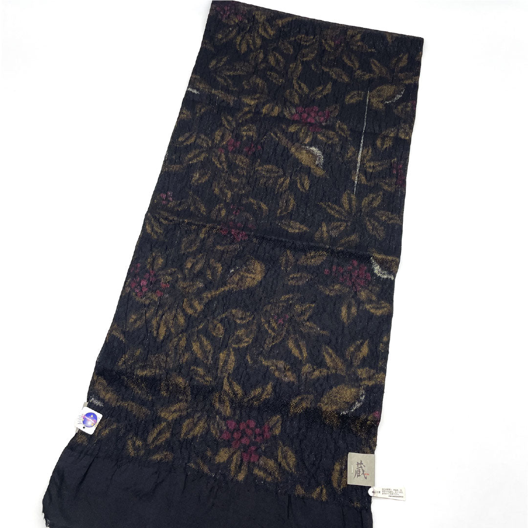 （新古品）帯揚げ 正絹 Sランク カジュアル 黒色（くろいろ） 植物模様 長さ約160cm 幅約35cm 黒系 1136001762910