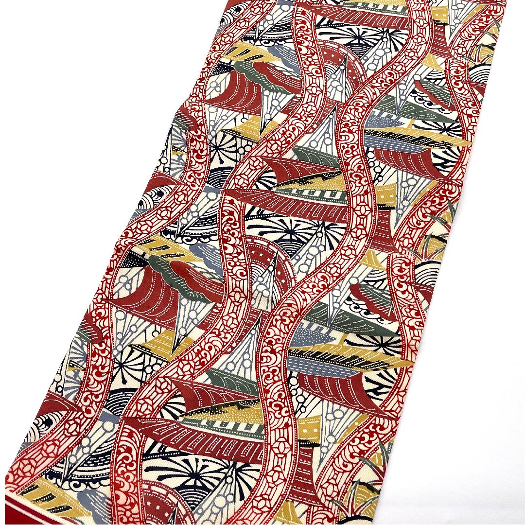 名古屋帯 茜色 型染 京紅型 抽象模様 帯丈350cm 正絹 Sランク 全通 カジュアル 赤系 1124003552312  名古屋仕立て