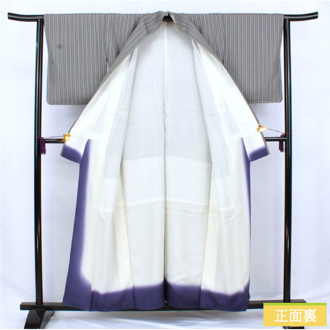 Komon silk S-rank kimono, length 156.5cm, sleeve length 63cm, lined, gosu-iro (blue-green) vertical stripes, blue-based design, product number 1115006642317
