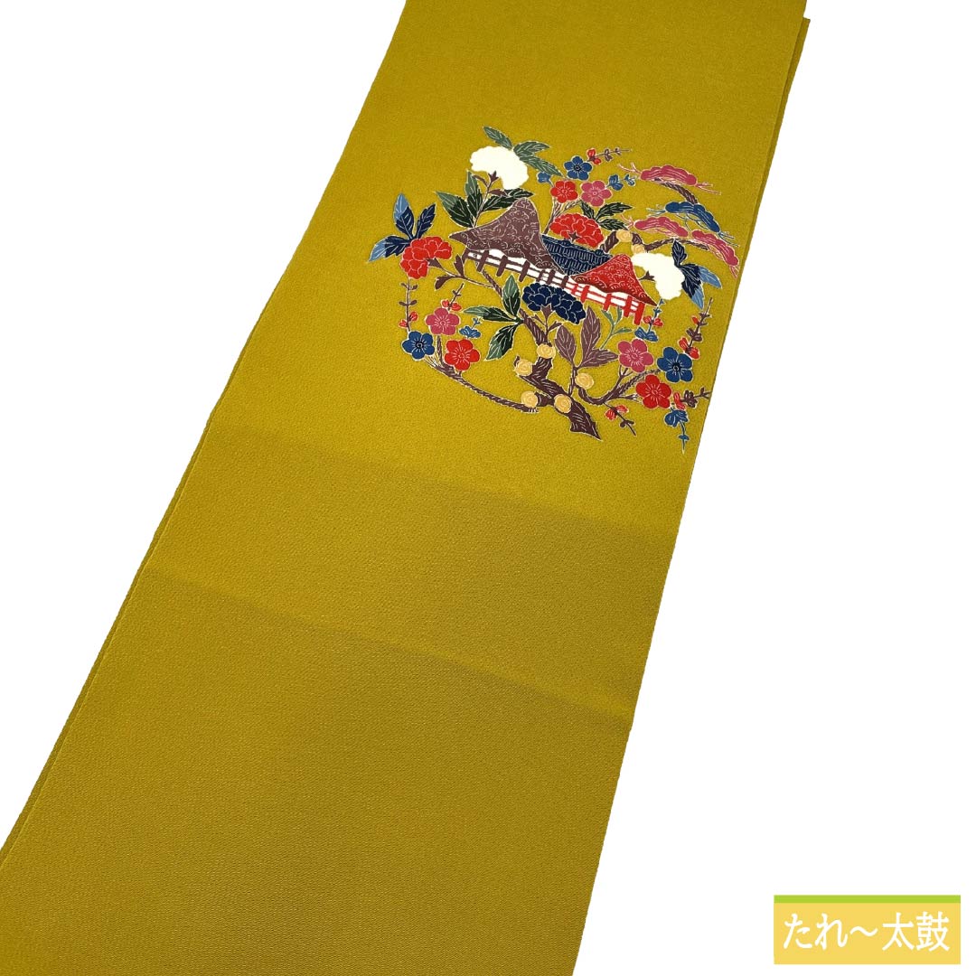 名古屋帯 正絹 Ｓランク 名古屋仕立て 黄櫨色（はじいろ） 京紅型 ちりめん地 長尺 帯丈384cm ポイント柄 カジュアル 黄系 1124014372423