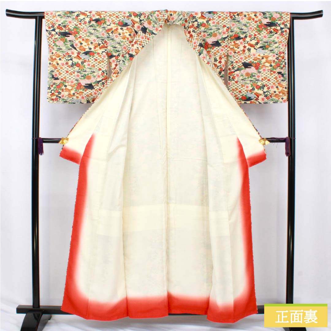 Komon (small pattern) kimono, pure silk, A-rank, length 158cm, sleeve length 62cm, lined, Tokyo white-brown (Tokyo shirachairo), tsumugi fabric, classic pattern, cream-toned, with basting threads, product number 1115007313315