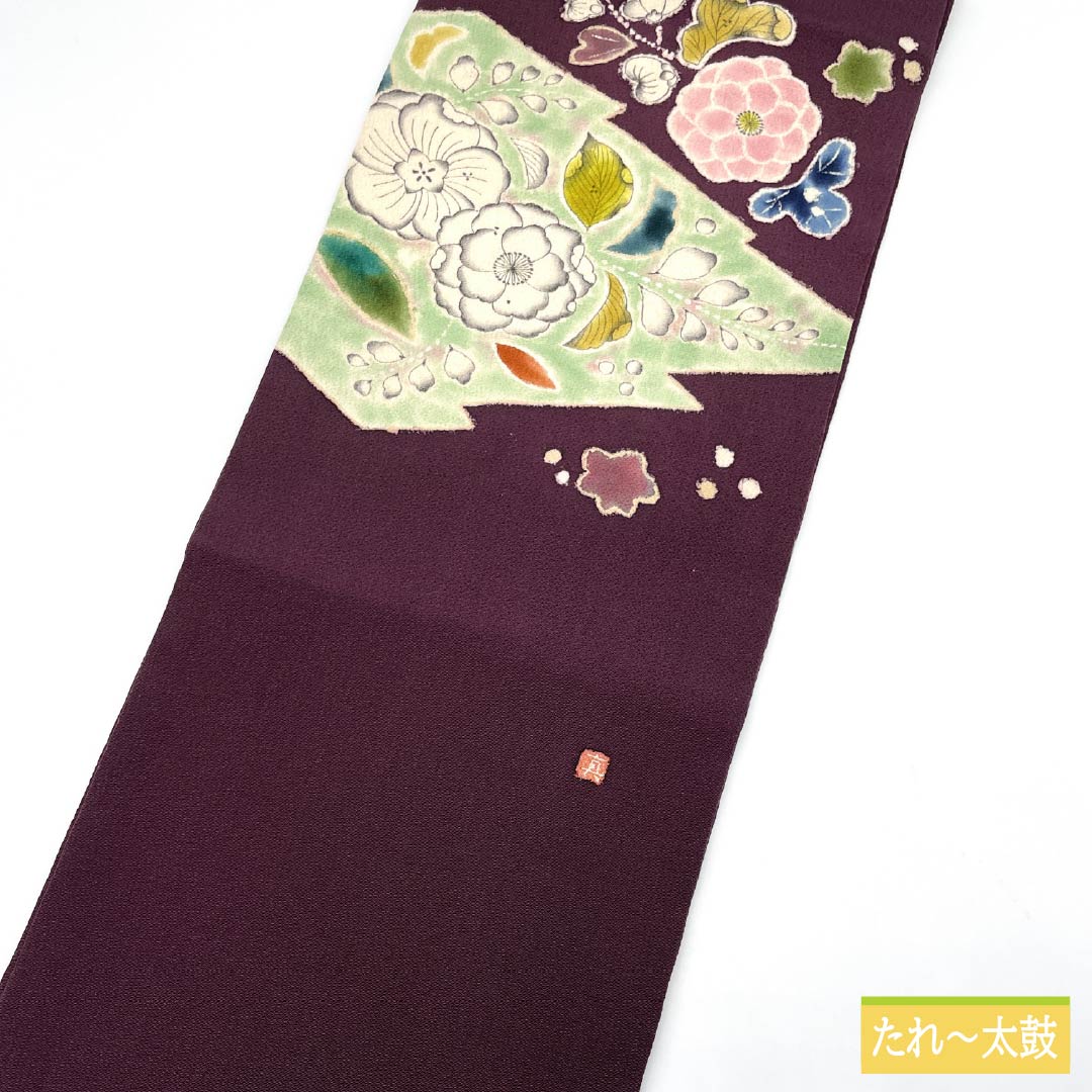 名古屋帯 蒲萄色（えびいろ） ちりめん地 辻ヶ花 帯丈371cm 正絹 Sランク ポイント柄 セミフォーマル 紫系 1124008082320 名古屋仕立て