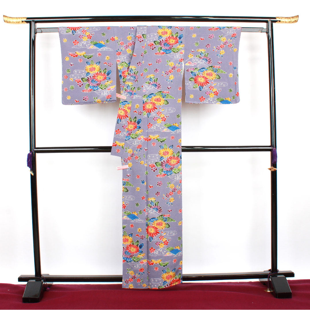 小紋 身丈158cm 裄丈66.5cm 袷  藤鳩羽色 型染 菊  正絹 Aランク 紫系 1115002413320