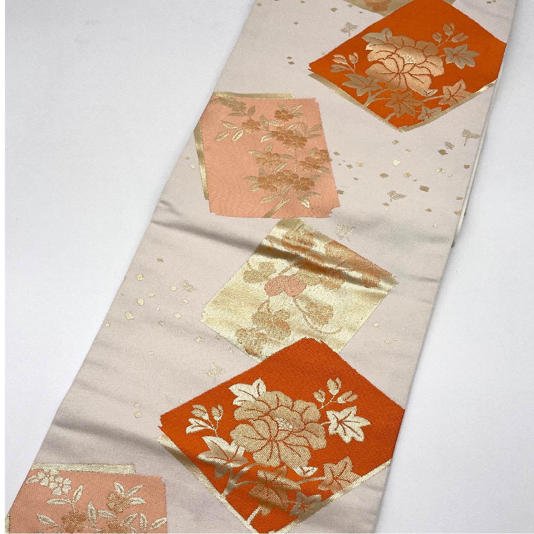 名古屋帯 胡粉色 花模様 帯丈356cm ポリ Sランク 六通 セミフォーマル 白系 1124003372311  名古屋仕立て