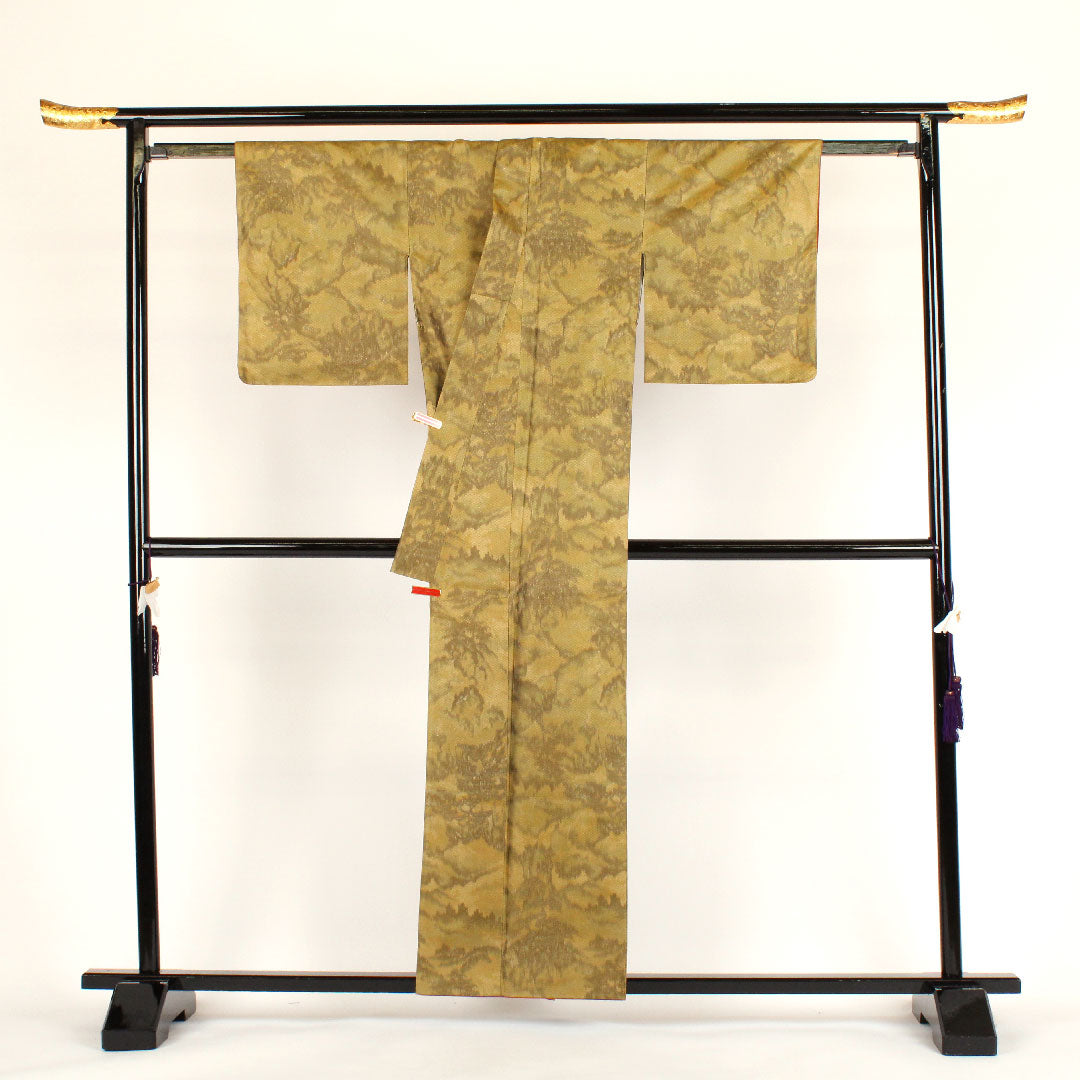 小紋 身丈159cm 裄丈64cm 袷  洗える着物 織ボカシ ポリ Sランク 黄系 1115000112323