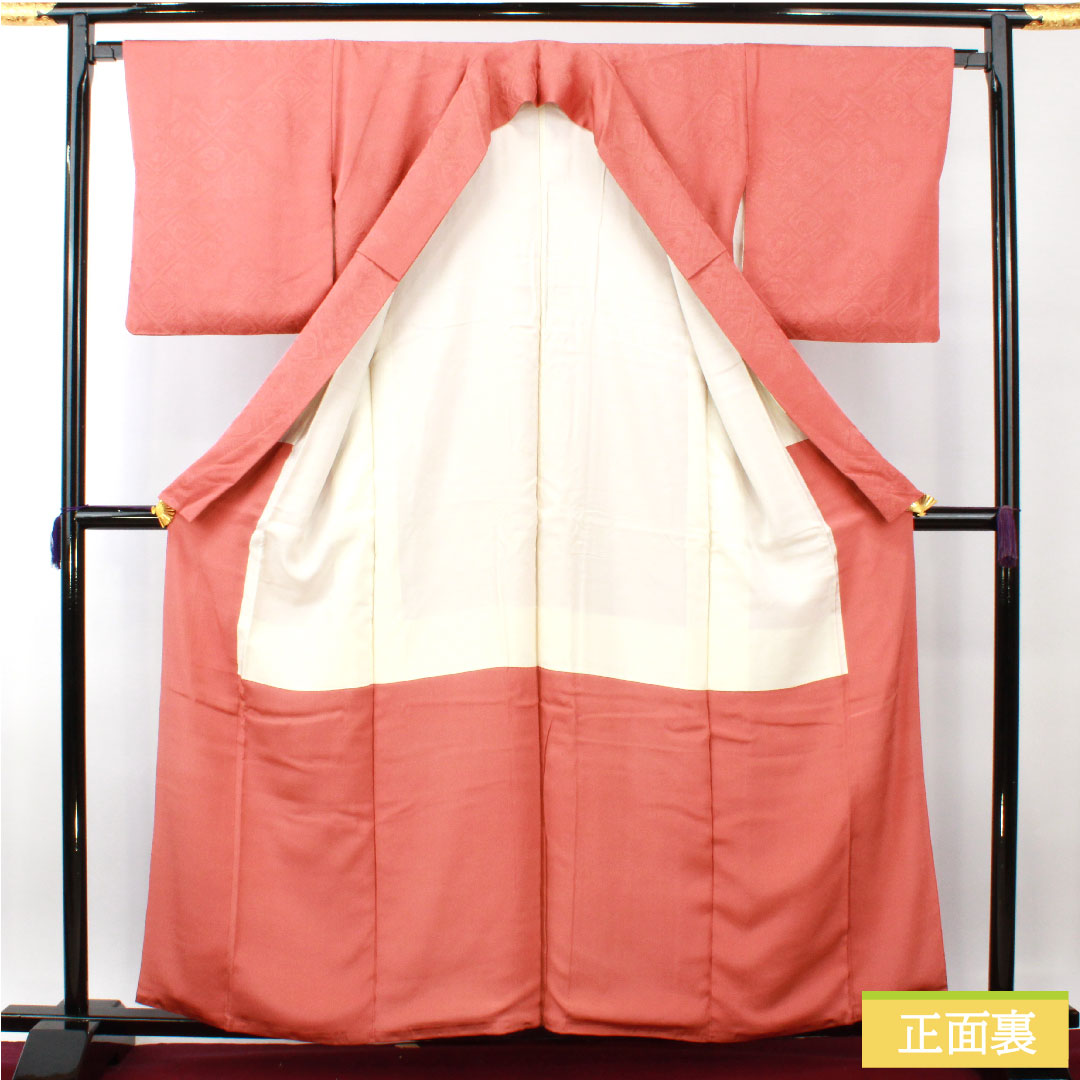 色無地 正絹 身丈160cm 裄丈66cm 中紅色（なかべにいろ） 一つ紋 中陰桔梗 袷 Aランク 朱系 1114001343416