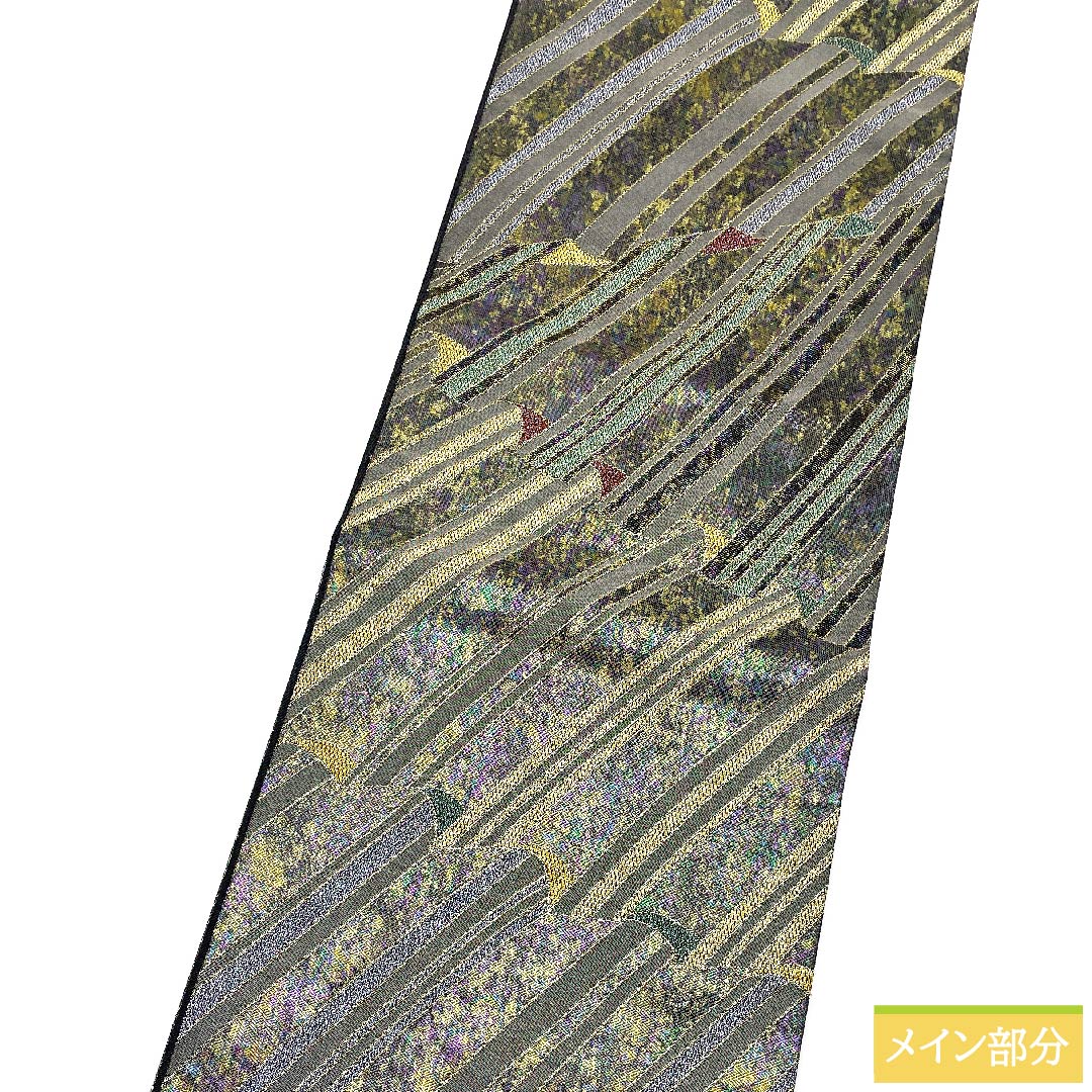 袋帯 正絹 薄黒色（うすぐろいろ） 幾何学模様 帯丈432cm Sランク 六通 セミフォーマル 銀系 1123010992322