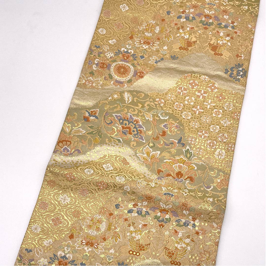 （未仕立）袋帯 金色 吉祥文様 服部織物謹製 帯丈428cm 正絹 Aランク 六通 フォーマル 金系 1123006013321