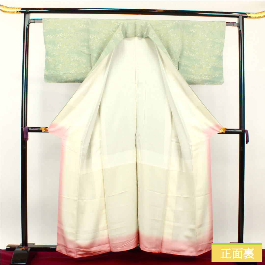 小紋 正絹 身丈158cm 裄丈61.5cm 袷  裏葉色 草花模様 しつけ糸付き 未使用品  Sランク 緑系 1115003612319