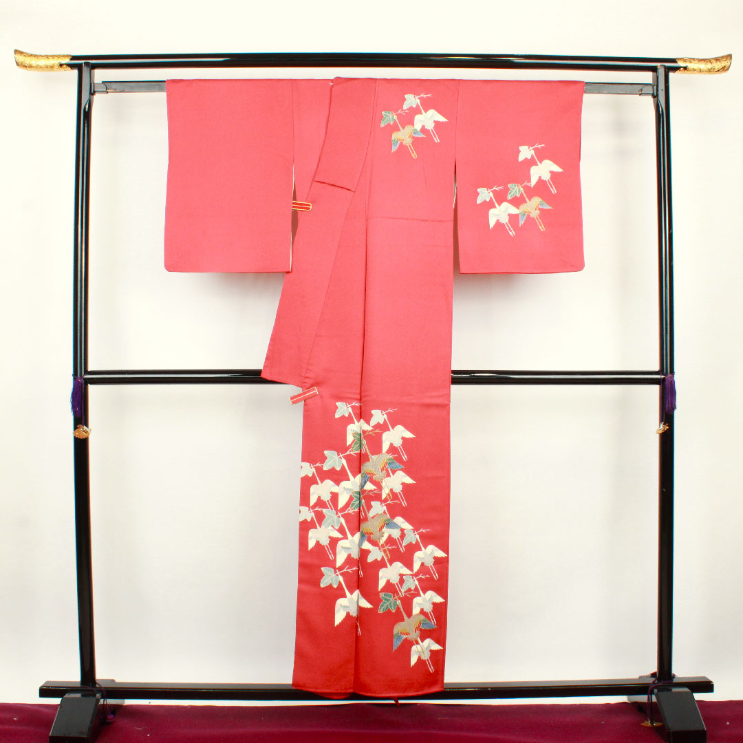 Homongi, lined, length 155cm, sleeve length 59cm, crimson silk, Kyo-Yuzen, crane, pure silk, A rank, red, 1112001863312