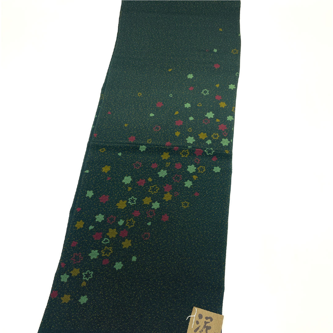 （新古品）帯揚げ 正絹 NEWランク カジュアル 鉄色（てついろ） 泥染め たたき染め 葉っぱ模様 長さ約180cm 幅約30cm 緑系 1136001721919