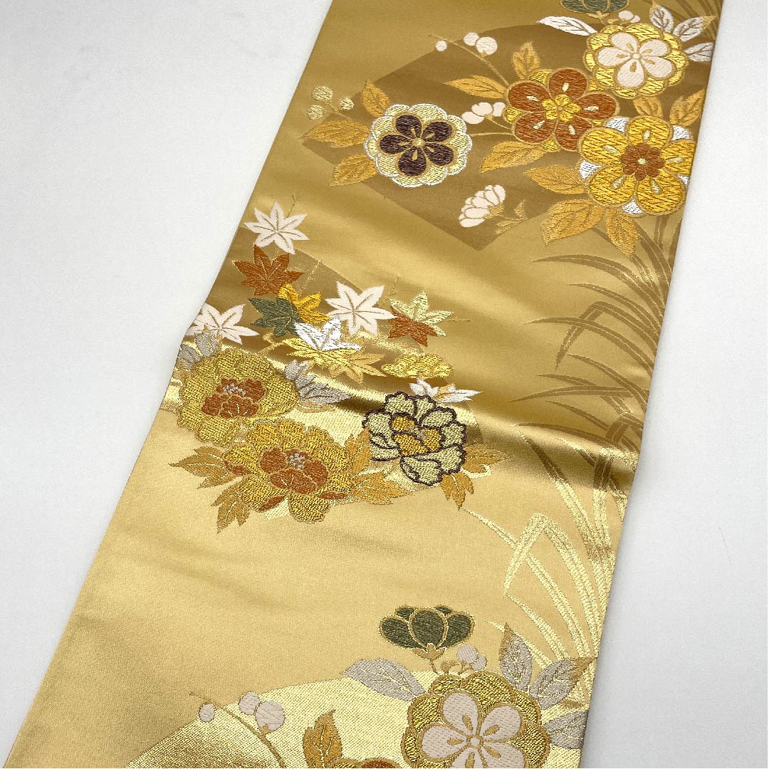 袋帯 金色 梅 紅葉 扇面 帯丈432cm 正絹 Aランク 六通 フォーマル 金系 1123005573321