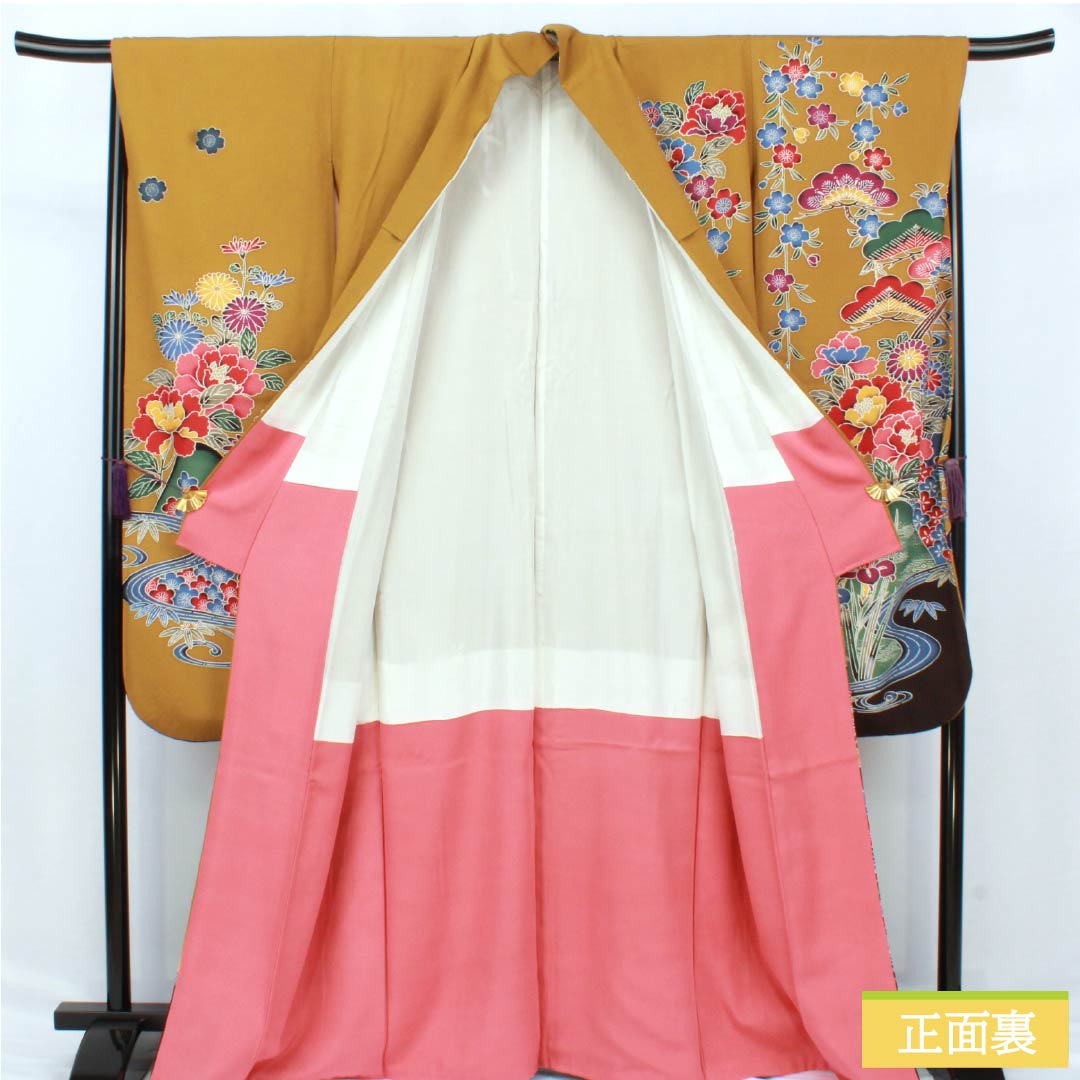 振袖 正絹 Sランク 身丈166cm 裄丈67cm 袷 木蘭色（もくらんじき） 京紅型 吉祥文様 松 菖蒲 橙系 1113002302526