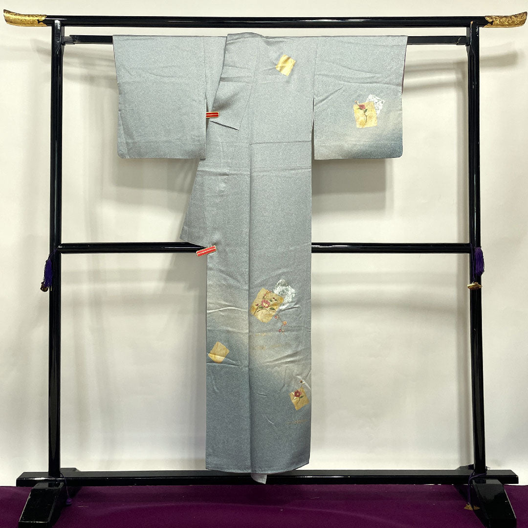 訪問着 袷 身丈149.5cm 裄丈62cm 白銅色 刺繡 金彩 草花模様 正絹 Bランク グレー系 1112001794122
