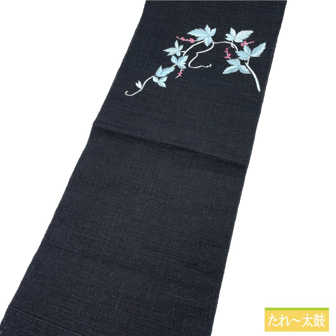 名古屋帯 正絹 Sランク 開き仕立て 黒色（くろいろ） 植物柄 夏帯 帯丈359cm ポイント柄 カジュアル 黒系 1124013112310