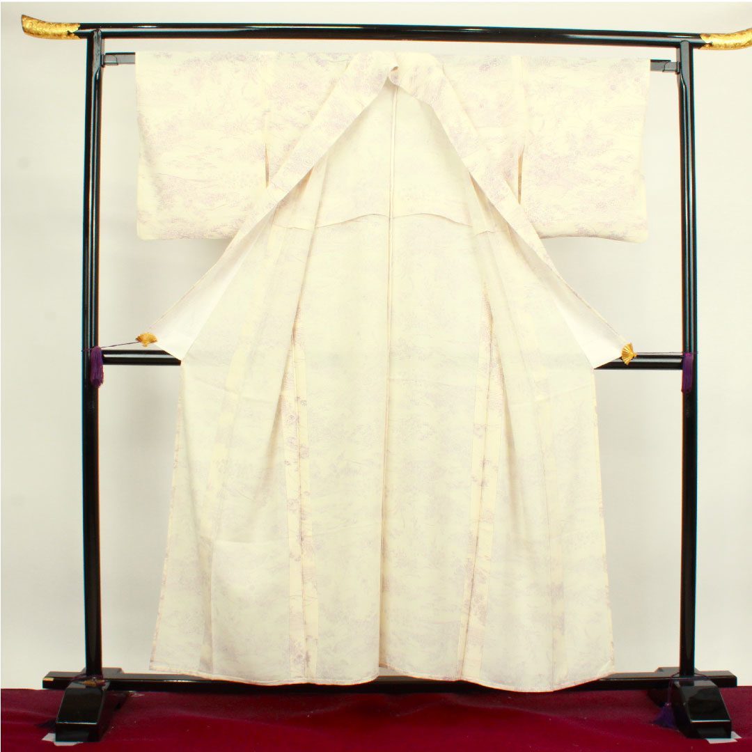 夏物 正絹 小紋 身丈154.5cm 裄丈63.5cm 乳白色（にゅうはくしょく） 松竹梅 菊 流水 絽 Sランク 白系 1132000642211