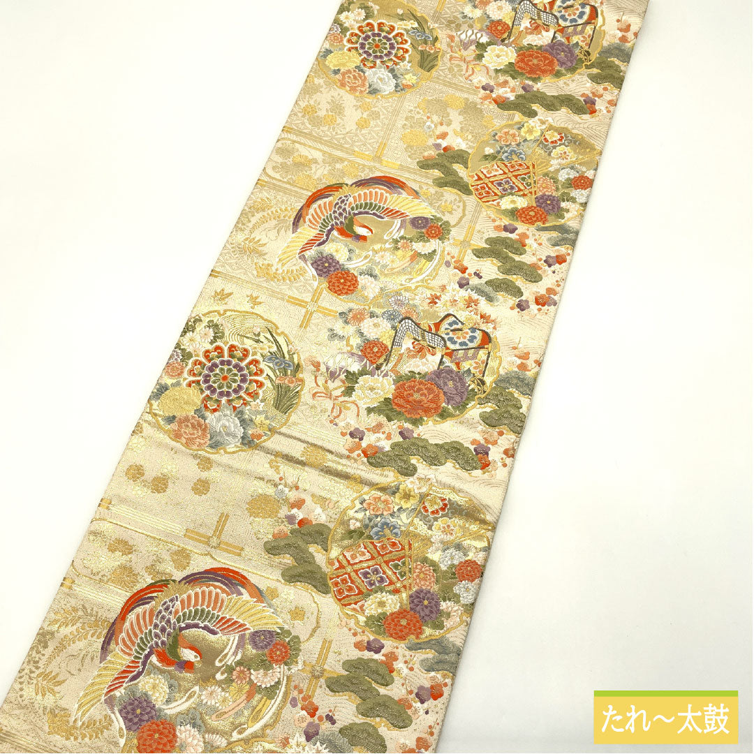 袋帯 正絹 Sランク 鏡裏花鳥文 西陣織 本金二重箔 雪輪 吉祥文様 帯丈436cm 六通 フォーマル 金系 1123016652321