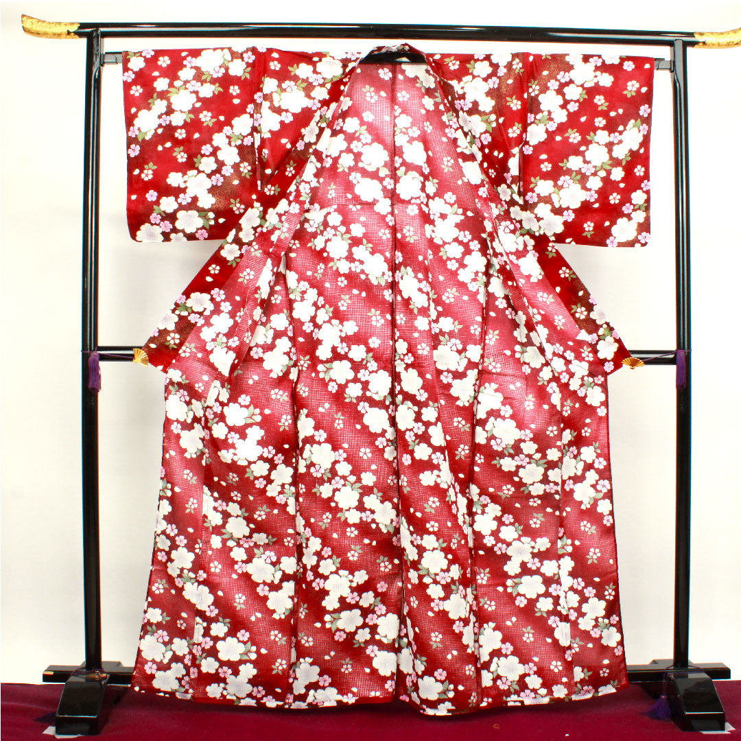 浴衣 深緋色 桜 木綿 Sランク 単衣 身丈165.5cm 裄丈68.5cm 赤系 1118003582512