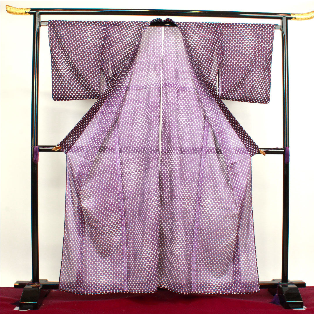 夏物 ポリエステル 小紋 身丈162cm 裄丈67.5cm 深紫色（ふかむらさきいろ） 洗える着物 扇 絽 Sランク 紫系 1132000702420