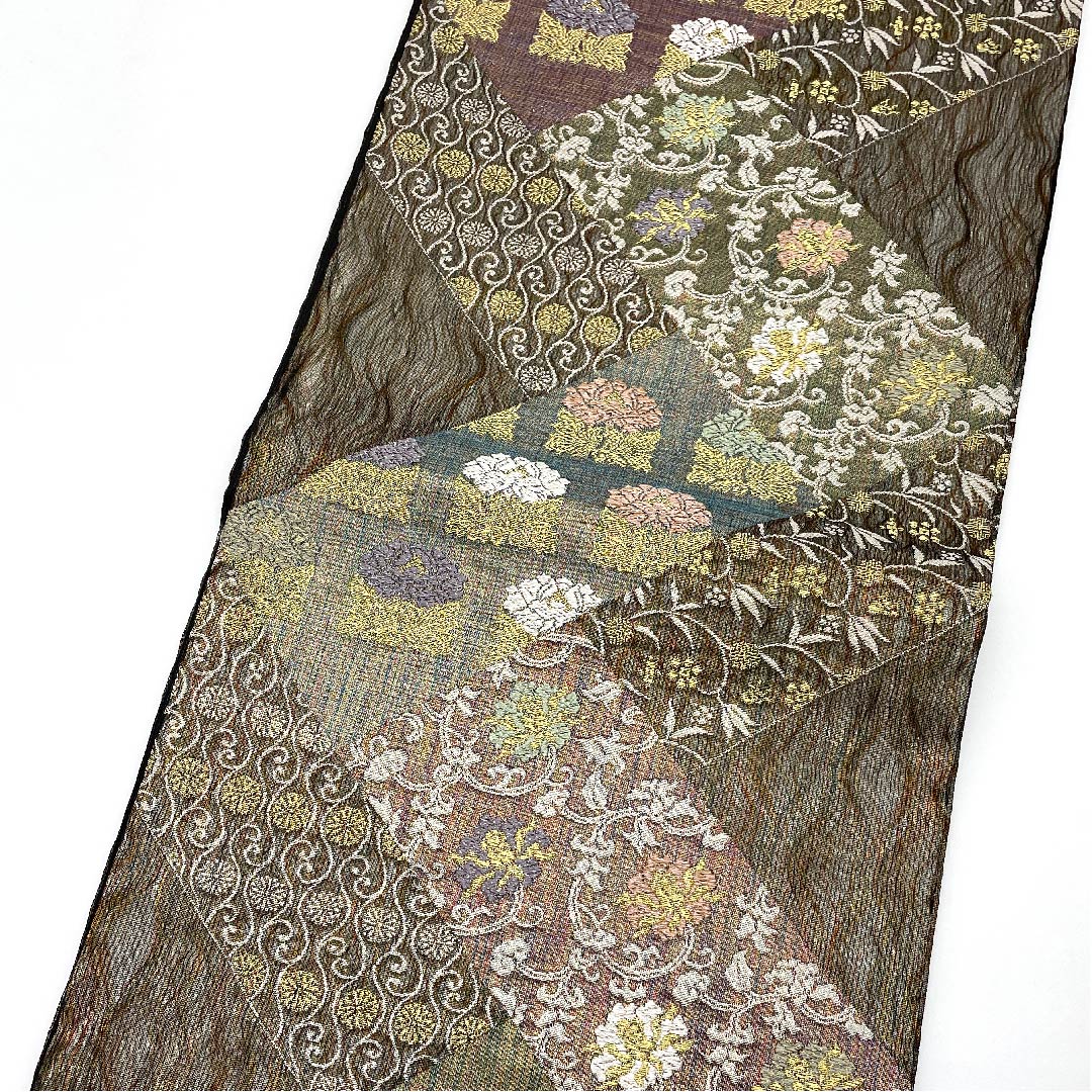 リサイクル着物】袋帯 グラデーション 三重織 波絹 吉祥文様 428cm