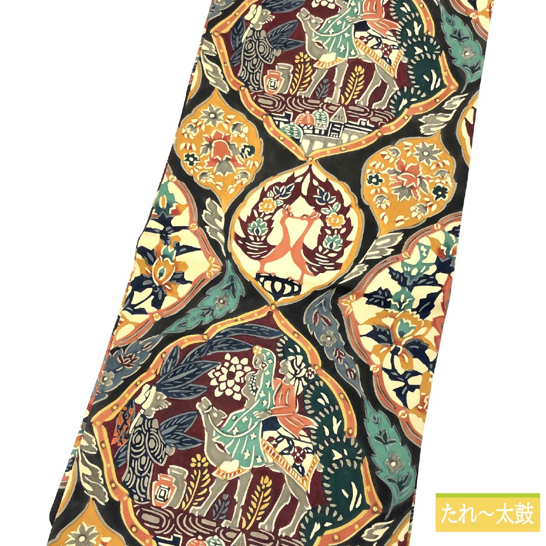 名古屋帯 型染 更紗模様 帯丈360cm 正絹 Sランク 六通 カジュアル 黒系 1124006682310 名古屋仕立て