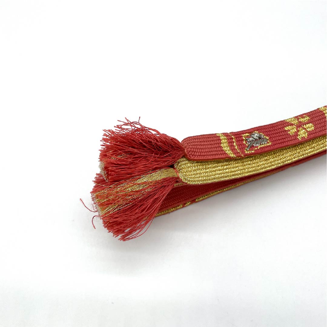 帯締め 正絹 Sランク  長春色（ちょうしゅんいろ） 抽象模様   長さ約157cm 幅約1.5cm 振袖用 朱系 1135006292316