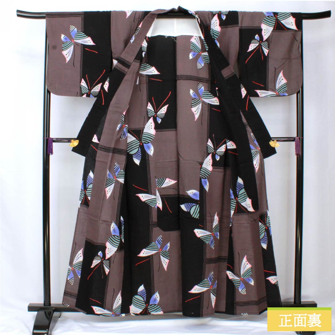 浴衣 木綿 身丈158cm 裄丈67cm Bランク 単衣 モノトーン 蒲萄鼠色（ぶどうねずいろ） 蝶 1118005824327