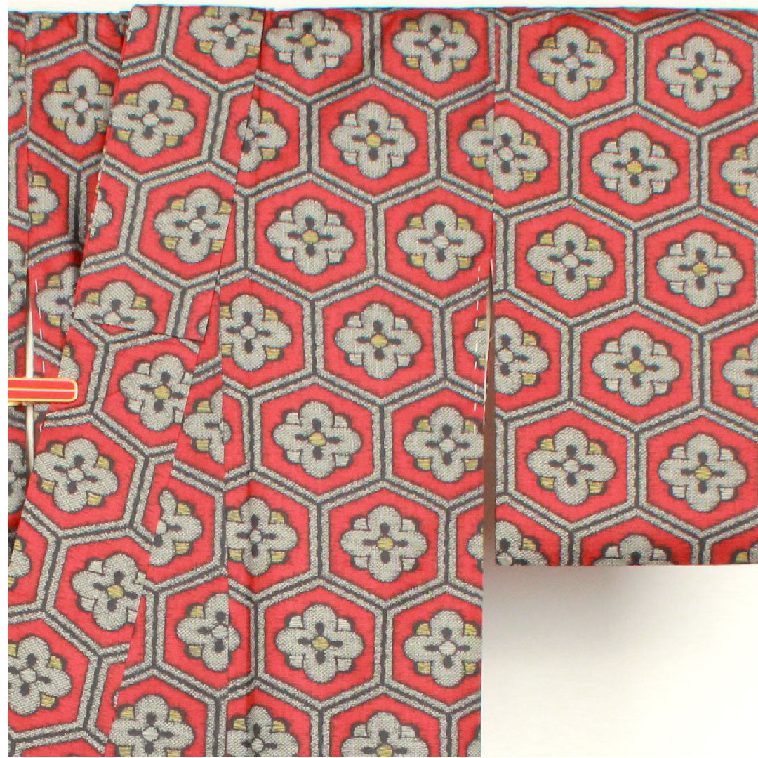 村山大島 身丈151.5cm 裄丈62cm 臙脂色 アンサンブル 亀甲に梅 正絹 Aランク 袷 赤系 1116001633212