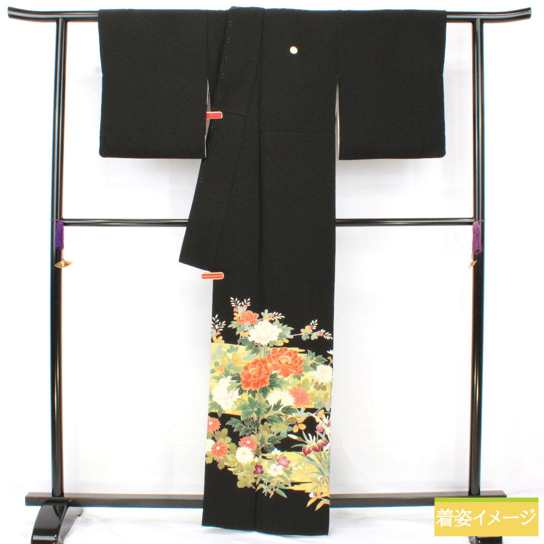 Black formal kimono, pure silk, length 162cm, sleeve length 66cm, lined, Kyoto yuzen, floral pattern, artist's work, five crests, circle with oak leaves, A rank, black, 1111001613410