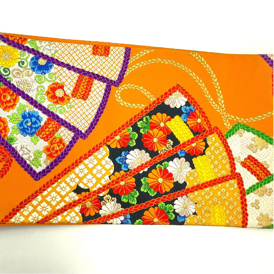 袋帯 扇 振袖用 唐花模様 帯丈428cm 正絹 Sランク 六通 フォーマル 朱系 1123003432316