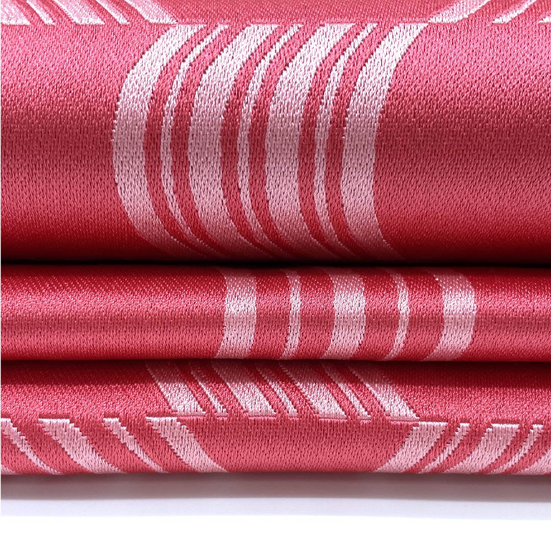 半幅帯 ポリエステル 帯丈356cm 火裏紅色（かりこういろ） 幾何学模様 曲線 ピンク系 Sランク 1125001362313