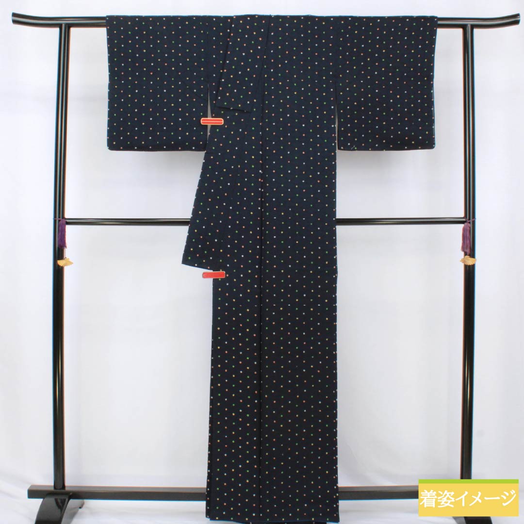 小紋 正絹 Aランク 身丈162.5cm 裄丈62.5cm 袷 濃紺色（のうこんいろ） 絞り 籠目 点  紺系 1115007353418