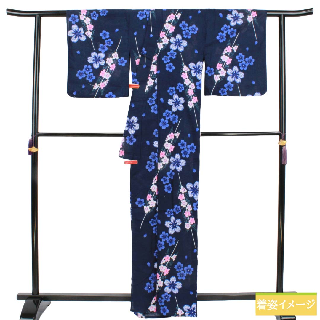 浴衣 木綿 Sランク 身丈164cm 裄丈65cm 濃紺色（のうこんいろ） 桜 単衣 紺系 1118007292418