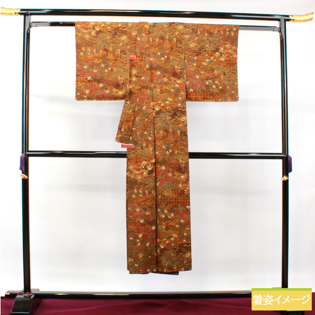 Komon, pure silk, length 140cm, sleeve length 60.5cm, lined, dark brown, floral pattern, basting thread included, unused, S rank, brown, 1115003732114